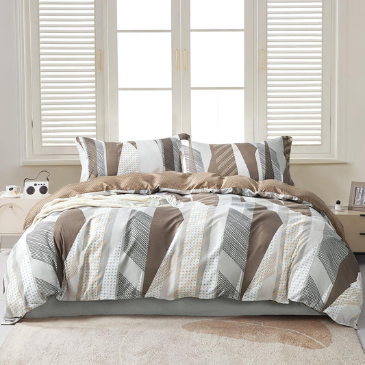 SAPHREAS 3pcs Brown Geometric Pattern Duvet Cover Set Queen Size Microfiber Khaki Dot Bedding Comforter Cover Set 1 Duvet Cover 2 Pillow Shams with Zipper